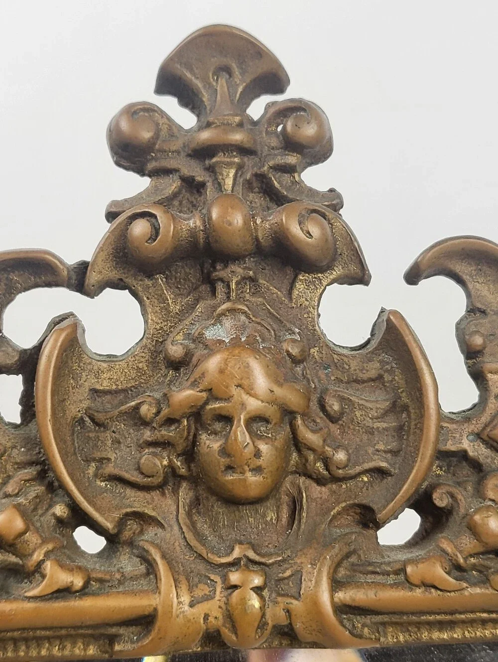 Antique Brass Mirror w/Easel- Late 19th Century High Relief Bacchus Mask Baroque